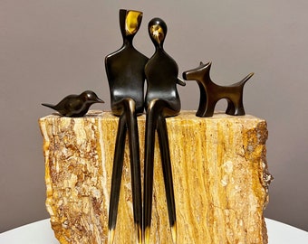 Caress with Pets - Couple Bronze sculpture in 12" with dog and cat. Mounted on organic Travertine marble, one of a kind.