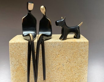 The Two of Us -  Contemporary Bronze Sculpture of a Loving Couple with Doggie