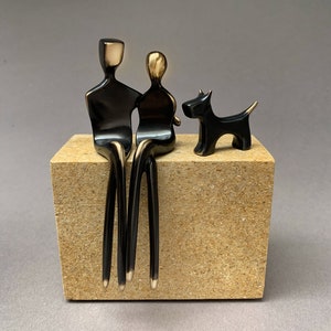 Caress Elegant Bronze Sculpture of a Loving Couple with Dog Perfect Anniversary Gift for Your Partner image 1