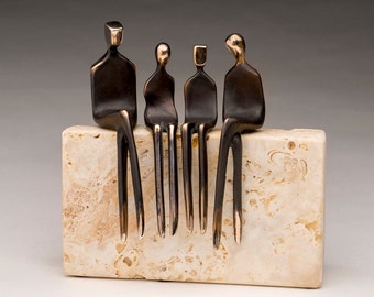 Family of Four>> bronze sculpture, family portrait, of husband, wife, son, and daughter.  Interchangeable!   By Yenny Cocq