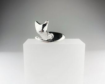 Silver cat sculpture, silver laying down cat figure, small cat , cozy cat for cat lover.