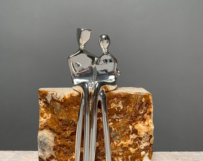 Silver Caress | Silver-Plated Sculpture of a Loving Couple | Silver Anniversary Present | Natural Travertine Stone Base | By Yenny Cocq