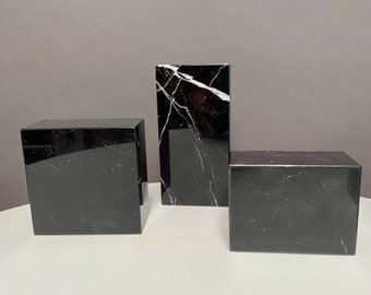Nero Marquina black marble base 4"x4"x2". Elegant pedestal, honed and polished on 4 sides. Stone display raiser for optical store display