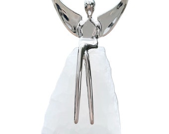 Silver angel in 3”. Sterling angel figure mounted on selenite. Angel lovers gift.