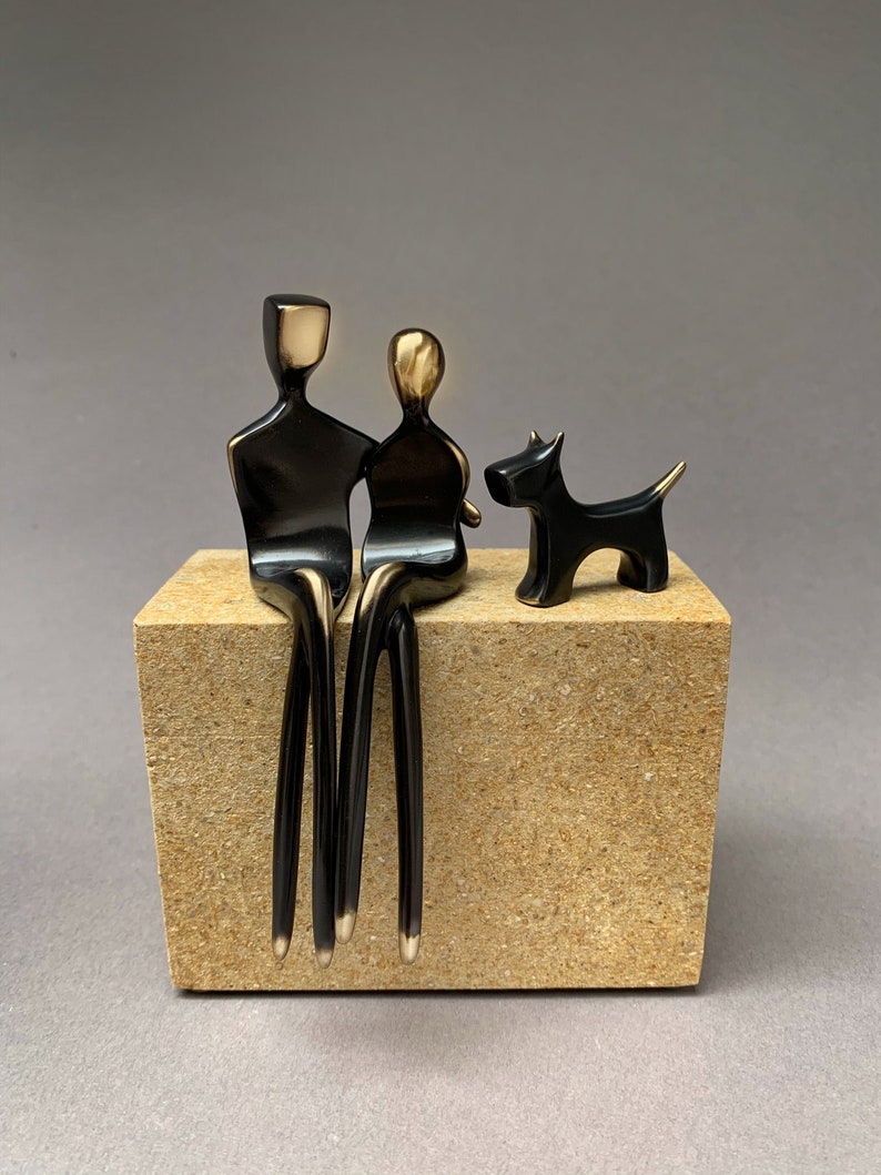 Caress Elegant Bronze Sculpture of a Loving Couple with Dog Perfect Anniversary Gift for Your Partner image 1