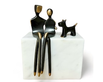 Bronze Couple with Pets Sculpture.  Anniversary gift with dog, cat or birds.  Elegant bronze sculpture of a couple with their dog.