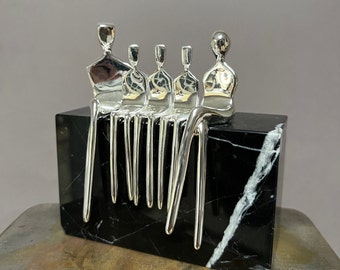 Family portrait, family of 5 silver sculpture with 3 boys.