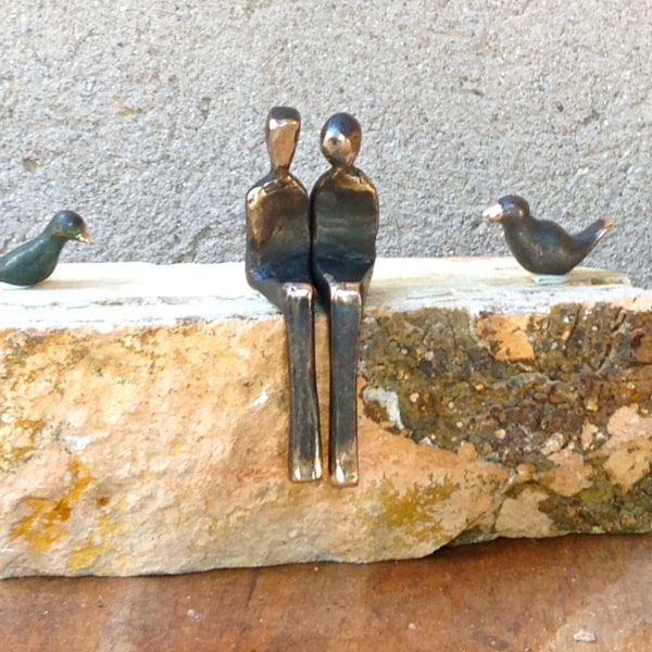 The Loving Couple | Romantic Miniature Bronze Sculpture with Two Love Birds | Bronze Anniversary | Couples Therapy Tool | By Yenny Cocq