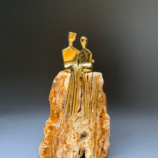 Golden Anniversary gift, 50 years of marriage, 5O years wedding anniversary. Unique stone and gold sculpture. Anniversary gift for parents.