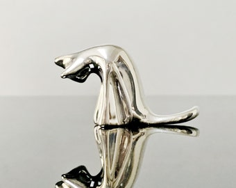 Silver cat sculpture, silver grooming cat figure, classic cat statue, elegant cat for cat lover.