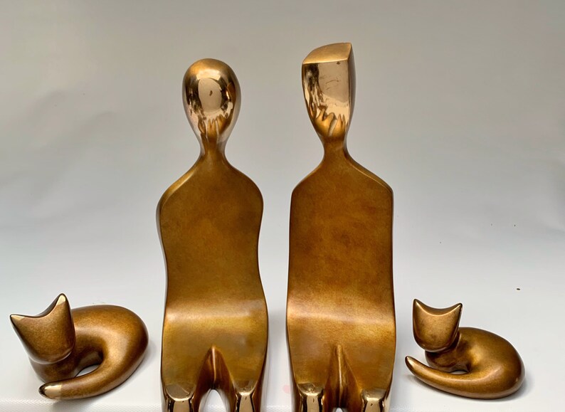 20 bronze sculpture man and woman with 2 cats, a larger and smaller cat. Unmounted sculpture for the mantle or interior wall. image 3