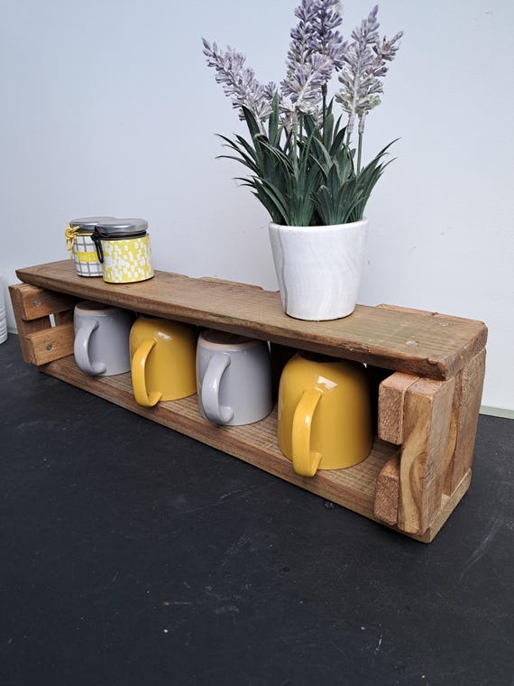 Rustic Pallet Wood Mug Shelf | Handmade Kitchen Wall Shelf | Holds 4 Mugs | Reclaimed Wood Storage & Display Shelf