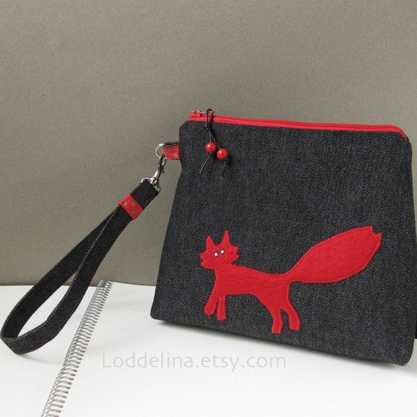 Wristlet black denim fox applique in red felt