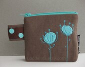 COIN purse taupe brown canvas with teal turquoise flower embroidery and lace