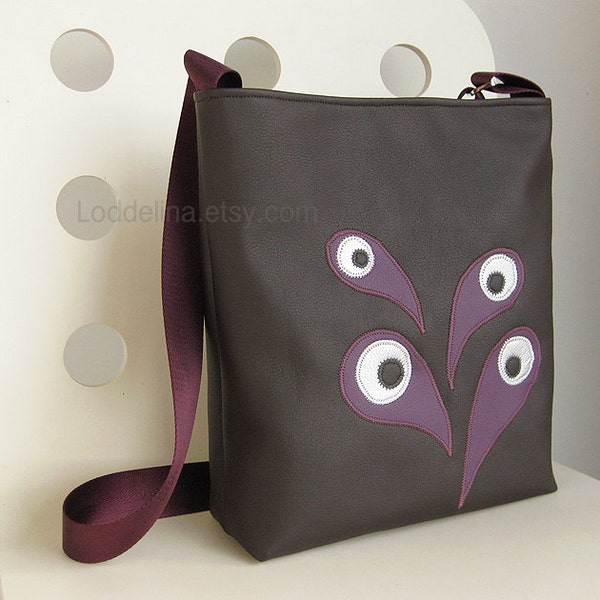Messenger crossbody bag in dark chocolate vegan leather with purple strap and applique