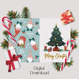 Merry Christmas Card - Digital Download - Beautiful Printable Card with Christmas Tree and Santas for Christmas Greetings - No Cutting