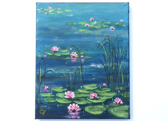 Water Lily Pond Painting With Pink Flowers 8x10 Pond Etsy Water Lily Pond Painting With Pink Flowers 8x10 Pond Etsy