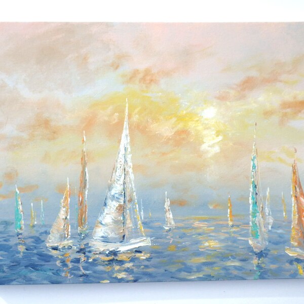 Large sailboat painting, pastel toned sunset, sunrise ocean painting with boats, sailboats, large 18x24 seascape with texture