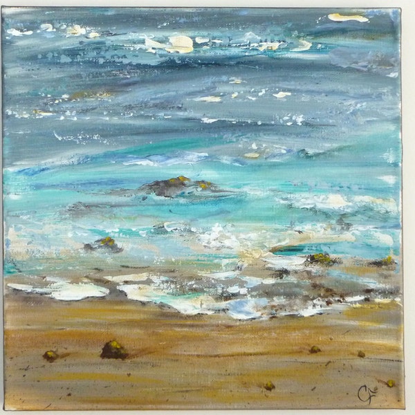Ocean painting, textured abstract beach modern art, square 12x12 painting. Beach painting