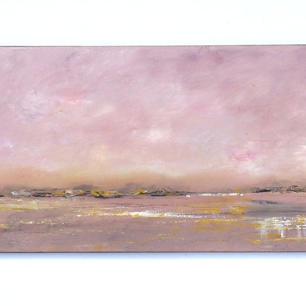 Abstract landscape beach painting, 12x24 dusty pink ocean painting, impressionistic, serene rectangular long art.