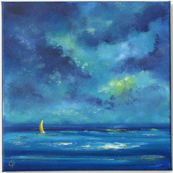 Night sky cloud painting, sailboat painting, night ocean painting, cloud painting 12x12 Cobalt blue, bright blue, yellow sailboat