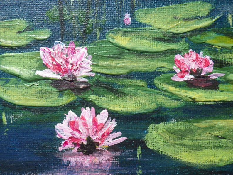 Water lily pond painting with pink flowers 8x10 pond Etsy