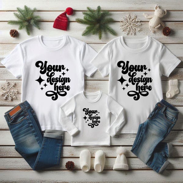 Family White T-Shirt Christmas Mockup Front White Unisex long-sleeve T-shirt Mock Up T-Shirt Mockup girl Tshirt Mockup Family JPEG Digital