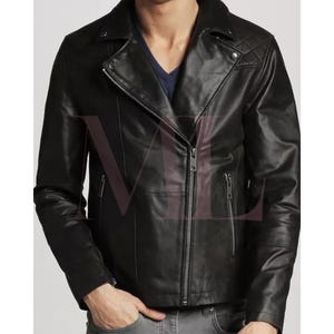 Veste de moto en cuir de mouton noir pour homme