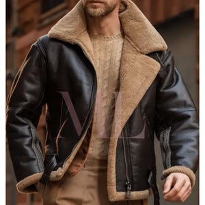 Blouson aviateur RAF marron en peau de mouton retournée véritable pour hommes * Blouson en fourrure d'hiver en cuir véritable pour homme * Blouson de moto neuf fait main