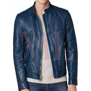 Nouvelle veste de moto en cuir souple bleue pour hommes