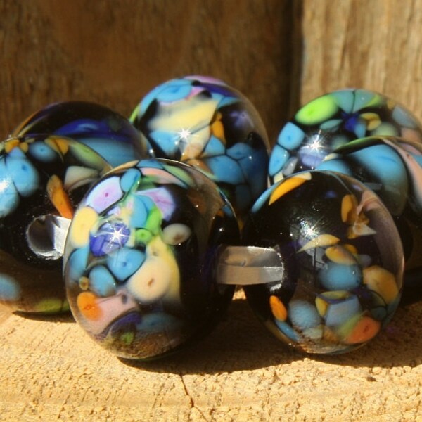 Handmade Lampwork Bead Set (7) LATE SUMMER  purple, orange, gold, blue, green, focal bead