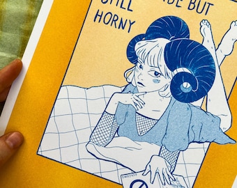 Impresión Risograph DIN A4 "Horny" – Ilustración original | Impresión artística Risograph | Juego de palabras | Póster con mensaje | Impresión artística impresa a mano