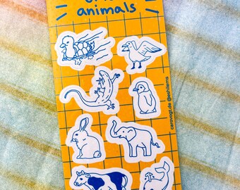Hoja de pegatinas de animales adorables | Set de pegatinas de vinilo Kawaii | Conejo, vaca, pato, pingüino, elefante, ardilla | Pegatinas para diario | Decoración para agenda