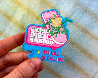 La naturaleza te llama: pegatina de vinilo rosa retro para móvil con setas | Pegatinas brillantes | Retro y nostálgicas