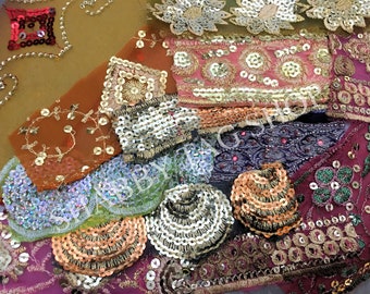 Sequence pack of 12 Vintage sari trim/ Embroidery trim lot / junk journal/ Doll making and more