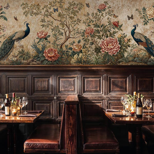 Vintage Peacock Floral Wallpaper, Chinoiserie Garden Mural with Peonies and Butterflies