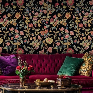 Exotic Flowers Peel and Stick Wallpaper, Dark Floral Wallpaper, Vintage Botanical Wallpaper, Dark Moody Floral Wallpaper Self Adhesive