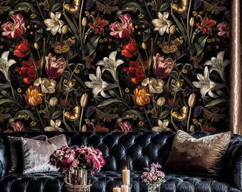 Dark Floral Peel and Stick Wallpaper: Vintage Botanical Wall Mural