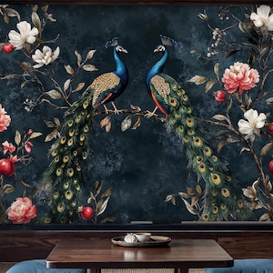 Peacock Chinoiserie Wall Mural: Floral Bird Wallpaper Peel and Stick