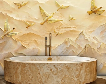 Golden Birds Mountain Wall Mural: Luxury Peel and Stick Wallpaper