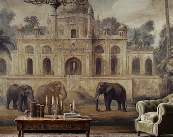 Indian Palace Wall Mural: Sepia Elephant Landscape, Peel and Stick Wallpaper