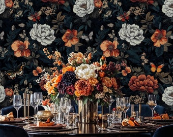 Peony Butterfly Wallpaper: Dark Moody Floral Peel and Stick