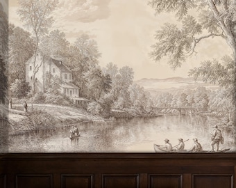 May include: A brown wooden bench with a floral patterned cushion sits in a hallway with a large black and white drawing of a river scene on the wall.