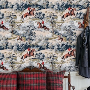 Equestrian Peel and Stick Wallpaper, Vintage Horse Wallpaper, Rustic Horse Wallpaper, Vintage Hunting Scene Wallpaper Mural Self Adhesive