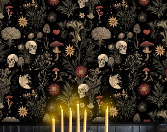 Gothic Schädel und Blumen Tapete: Dunkles botanisches Wandbild