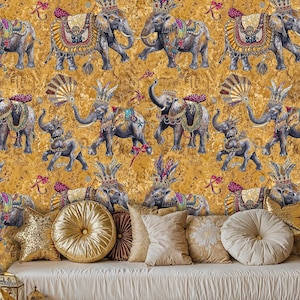 Regal Elephant Gold Wallpaper, Exotic Wallpaper, Ornate Circus Peel and Stick Wallpaper, Animal Wall Mural, Vibrant Gold Elephant Wallpaper