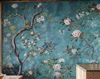 Blå Chinoiserie-tapet: Fåglar och magnoliablommor (skal dras av och klistra)