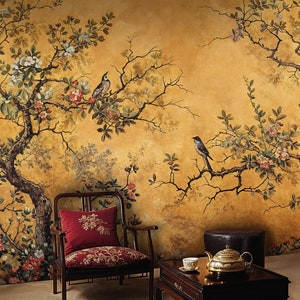 Carta da parati murale con motivi cinesi gialli, carta da parati con alberi e uccelli, carta da parati floreale con uccelli, carta da parati con motivi cinesi e fiori da staccare e attaccare