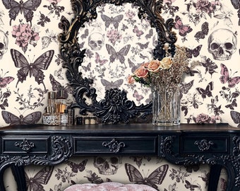 Gothic Butterfly Skull Wallpaper: Dark Floral Wall Mural