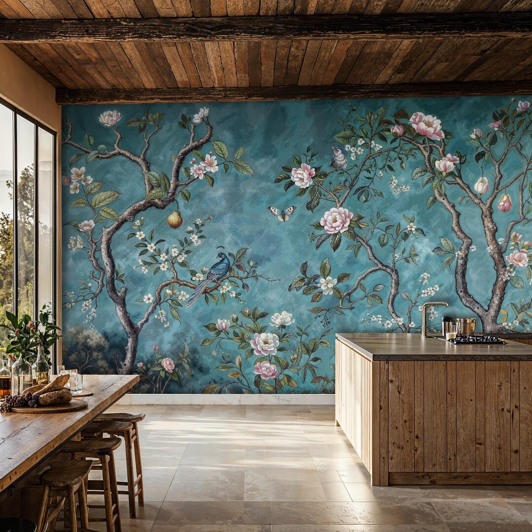 Blue Chinoiserie Wallpaper Mural: Birds & Magnolia Flowers (peel and ...